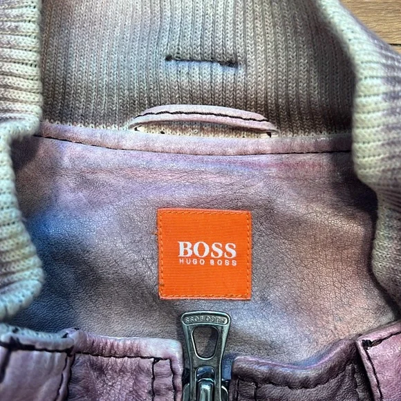 Vintage Y2K Hugo Boss Orange Label Pink/Purple Faded Distressed Leather Jacket